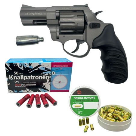 Rewolwer hukowy ZORAKI 6mm SZARY TYTANOWY + 100 naboi MEGA HUK + 50 rac pistoletowych KNALLPATRONEN ZINK