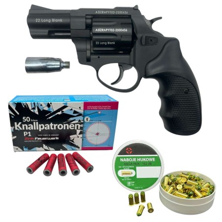 Rewolwer hukowy ZORAKI 6mm CZARNY + 100 naboi MEGA HUK + 50 rac pistoletowych KNALLPATRONEN ZINK