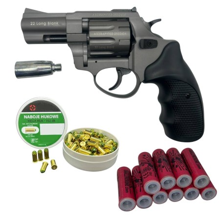 Rewolwer hukowy ZORAKI 6mm SZARY TYTANOWY + 100 naboi MEGA HUK + 10 rac pistoletowych KNALLPATRONEN ZINK