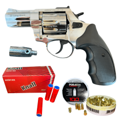 Rewolwer hukowy ZORAKI 6mm SREBRNY CHROM BŁYSK + 100 naboi LONG + 50 rac pistoletowych KNALL – zestaw