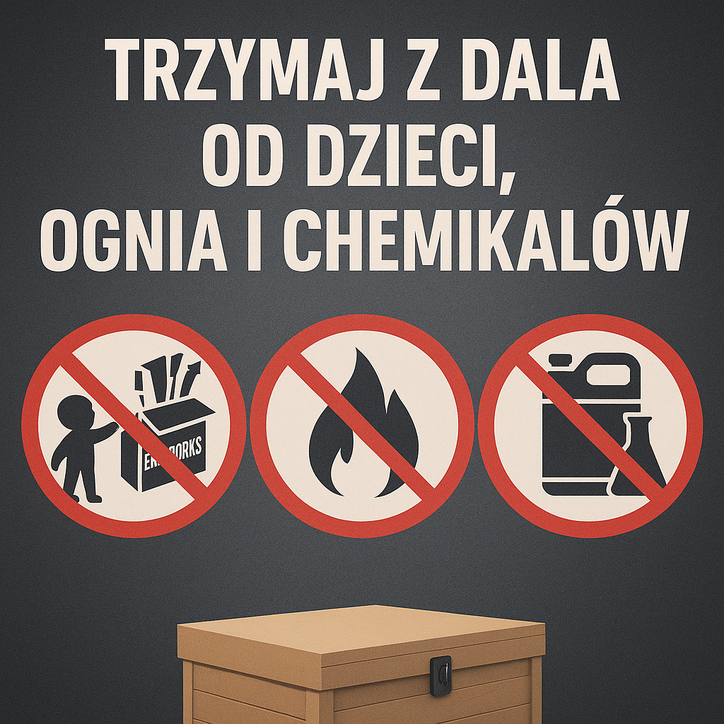 Znak ostrzegający przed przechowywaniem fajerwerków w pobliżu dzieci, ognia i substancji chemicznych – zasady bezpiecznego przechowywania.