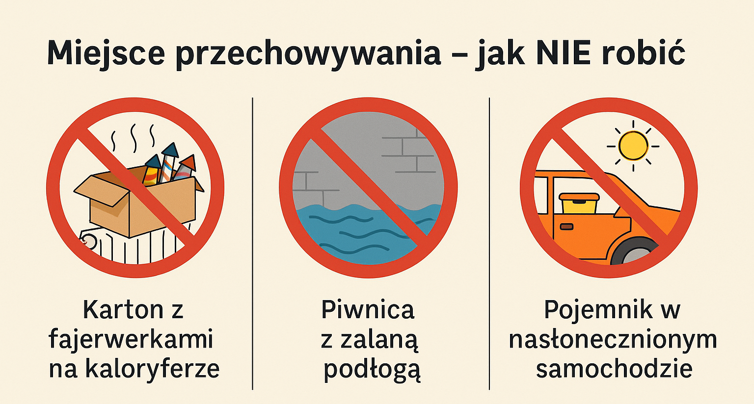Nieprawidłowe miejsca przechowywania fajerwerków: karton na kaloryferze, wilgotna piwnica, rozgrzany samochód