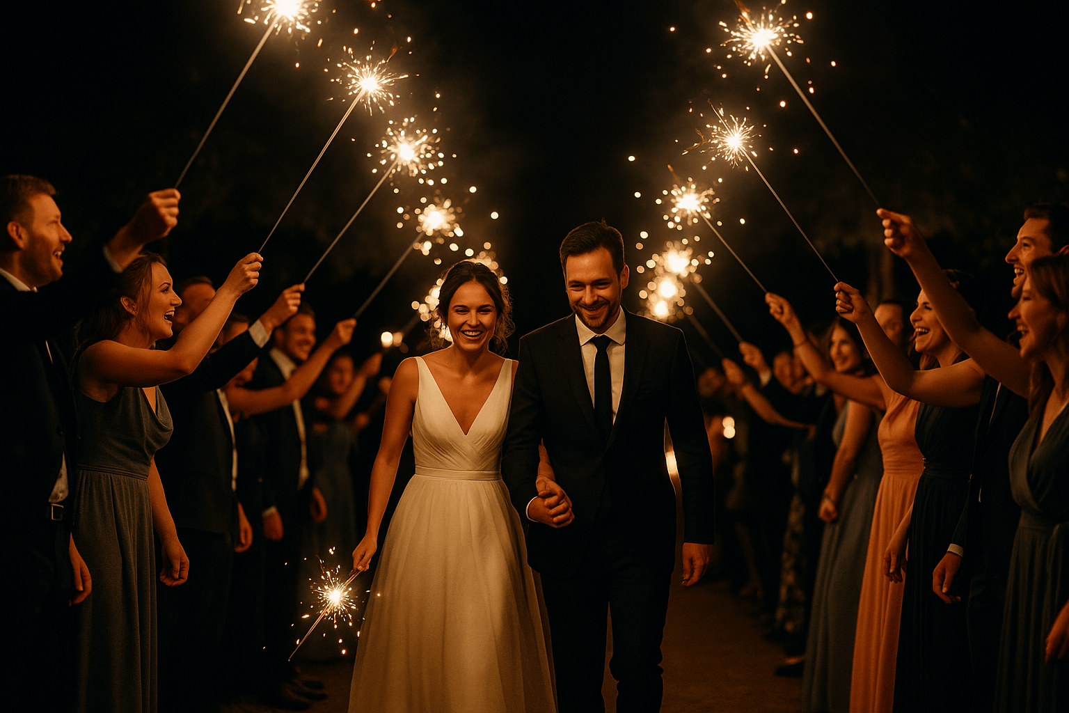 Goście weselni tworzą świetlną alejkę z zimnych ogni dla Pary Młodej