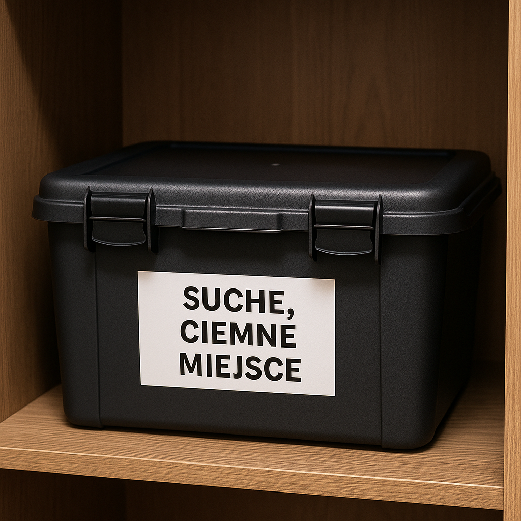 Bezpieczne przechowywanie fajerwerków – plastikowy pojemnik w ciemnym, suchym miejscu z dala od źródeł ciepła.